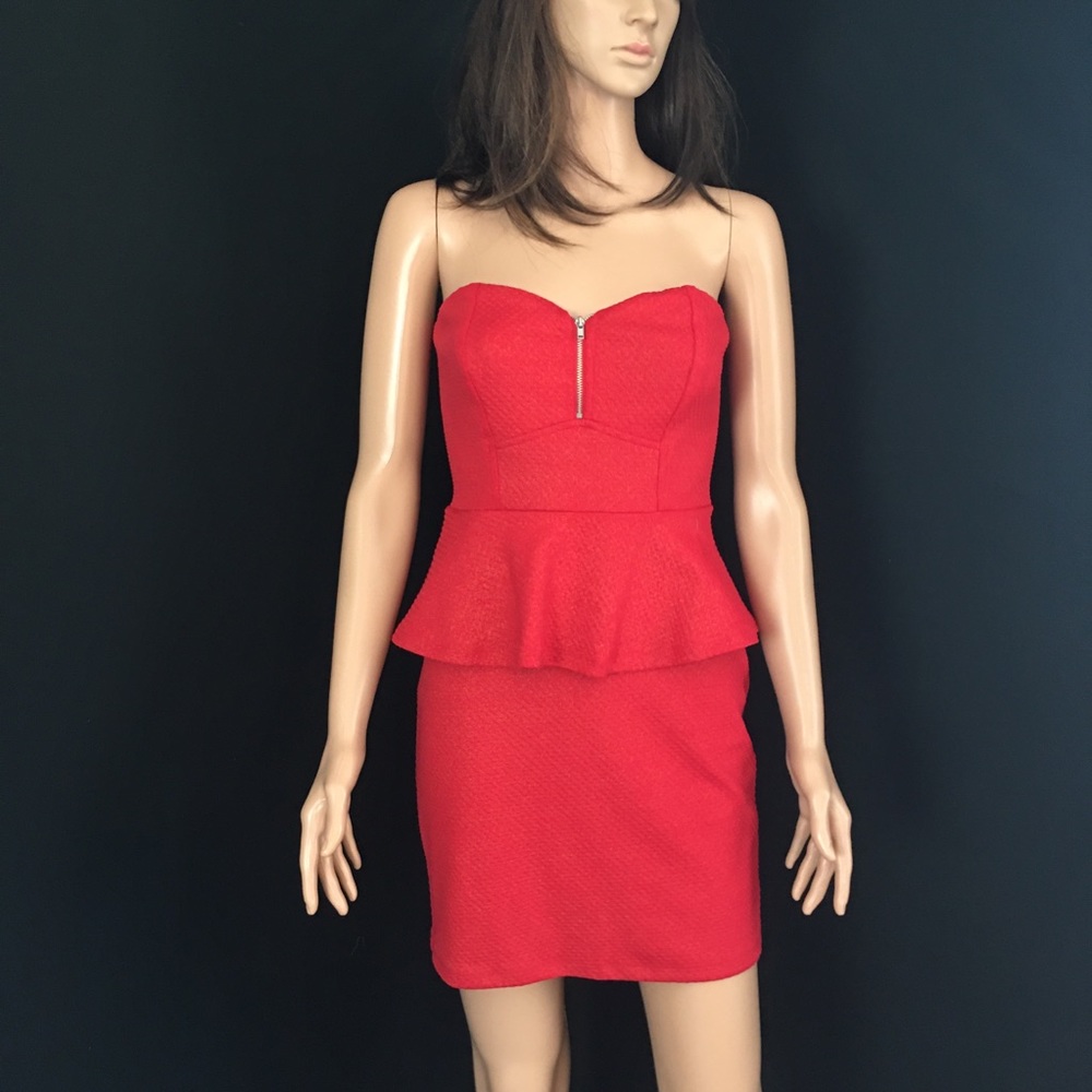Bebe Red Peplum Strapless Dress